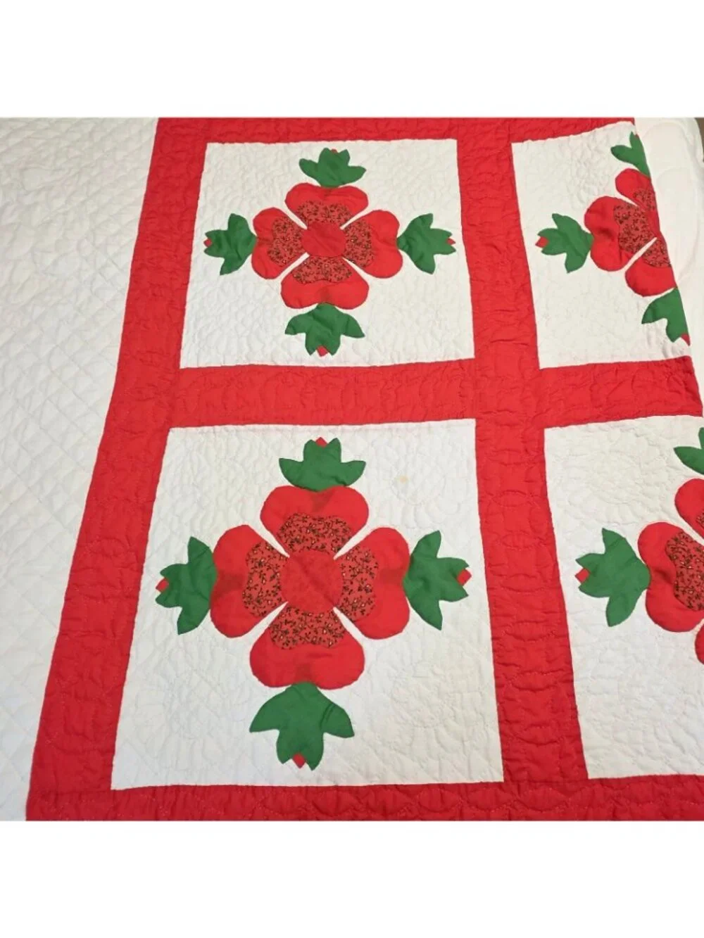 Vintage Handmade Applique Quilt Queen Red Hand Quilted Floral Folk Art Cottage